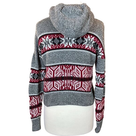 Yet Again LS Snowflake Cropped Sweater Pom Pom Tie Fleece Hood Jrs M Gray & Red - Picture 5 of 9